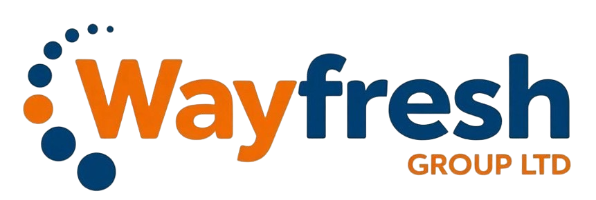 Modern Wayfresh Group LTD logo, orange Way blue fresh - Way Fresh Group Ltd
