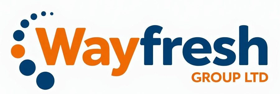 Modern Wayfresh Group LTD logo, orange Way blue fresh - Way Fresh Group Ltd